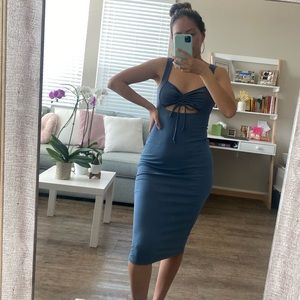 Blue midi rushed tie front dress